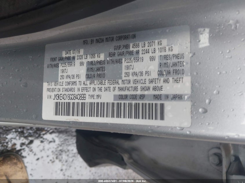 2016 Mazda Cx-5 VIN JM3KE4DY8G0840899 IAAI salvage auction — REAR END, Salvage (Rhode Island), sold $3,250 on 2026-07-28 (photo 9)