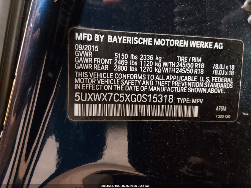 2016 BMW X3 VIN 5UXWX7C5XG0S15318 IAAI salvage auction — REAR END, Mv-907A (New York), sold $1,050 on 2026-07-28 (photo 9)