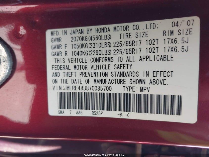 2007 Honda Cr-v VIN JHLRE48387C085700 IAAI salvage auction — NORMAL WEAR, Clear (Massachusetts), sold $425 on 2026-07-17 (photo 9)