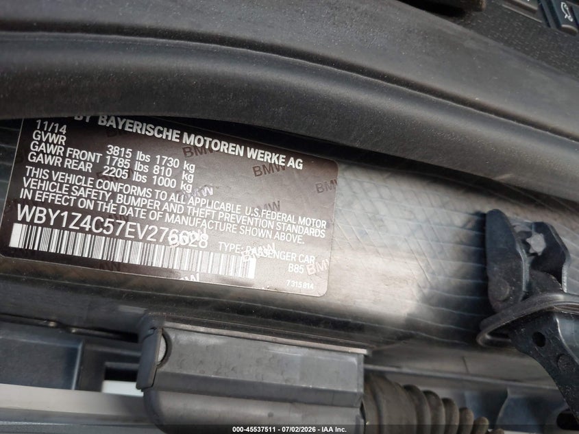 2014 BMW I3 VIN WBY1Z4C57EV276628 IAAI salvage auction — SIDE, Clear (Minnesota), sold $4,950 on 2026-07-21 (photo 9)