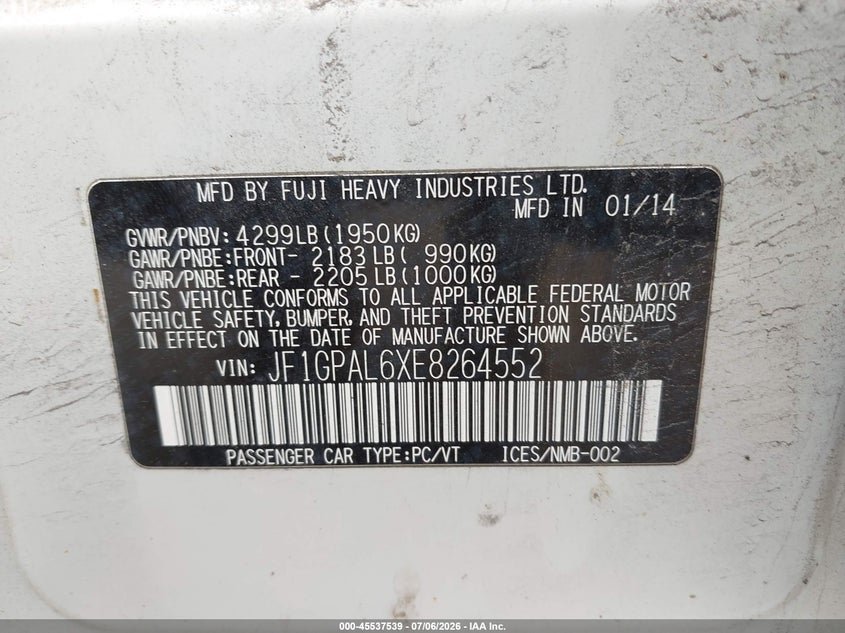 2014 Subaru Impreza VIN JF1GPAL6XE8264552 IAAI salvage auction — NORMAL WEAR, Original (New Hampshire), sold $850 on 2026-07-22 (photo 9)