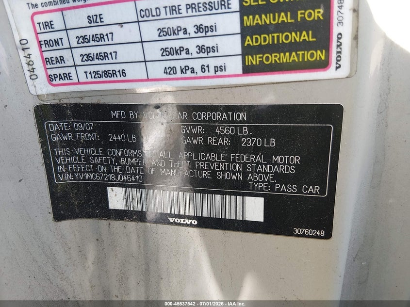 2008 Volvo C70 VIN YV1MC67218J046410 IAAI salvage auction — FRONT END, Salvage (North Carolina), sold $450 on 2026-08-12 (photo 9)