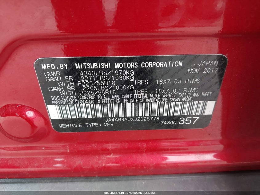 2018 Mitsubishi Outlander VIN JA4AR3AUXJZ028778 IAAI salvage auction — FRONT END, Salvage - Greater Than 75% (Maryland), sold $1,750 on 2026-07-23 (photo 9)