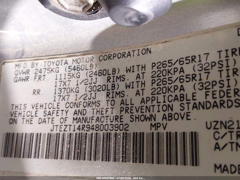 2004 Toyota 4runner VIN JTEZT14R948003902 IAAI salvage auction — NORMAL WEAR, Clear (Louisiana), sold $825 on 2026-07-29 (photo 9)