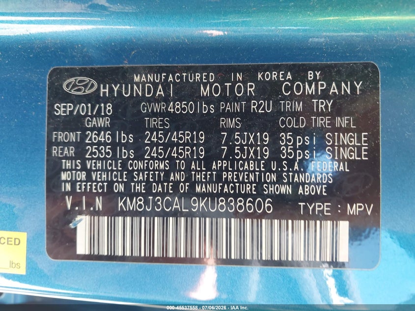 2019 Hyundai Tucson VIN KM8J3CAL9KU838606 IAAI salvage auction — REAR END, Salvage Title, sold $25 on 2026-07-30 (photo 9)