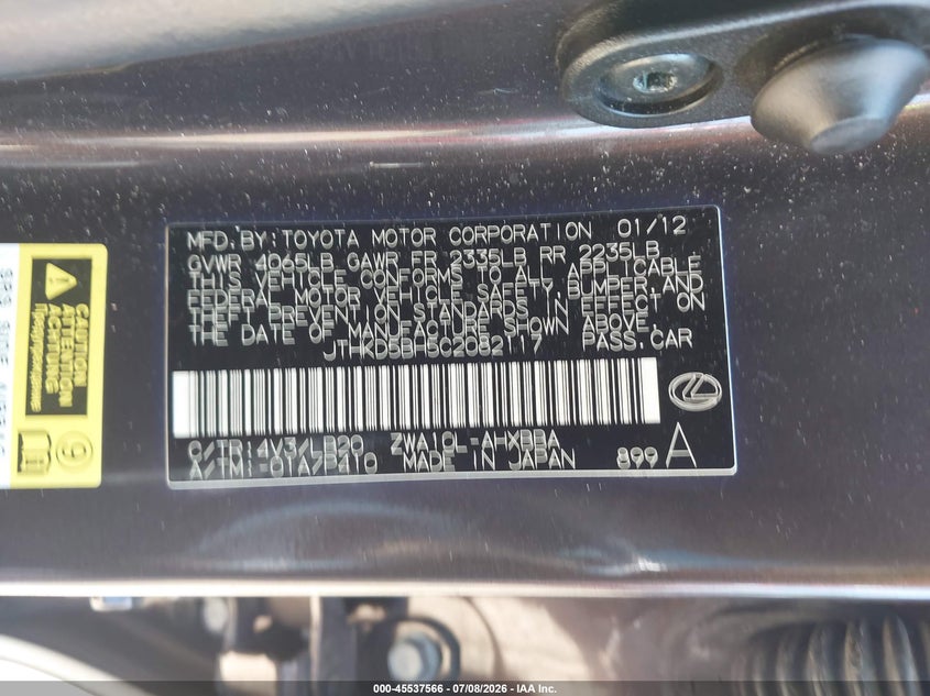 2012 Lexus Ct VIN JTHKD5BH5C2082117 IAAI salvage auction — NORMAL WEAR, Salvage Title, sold $1,500 on 2026-07-22 (photo 9)
