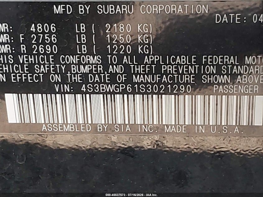2025 Subaru LEGACY VIN 4S3BWGP61S3021290 IAAI salvage auction — HAIL, Wait Title, sold $17,625 on 2026-08-17 (photo 9)