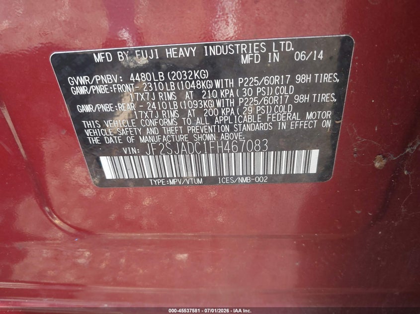 2015 Subaru Forester VIN JF2SJADC1FH467083 IAAI salvage auction — NORMAL WEAR, Clear (New York), sold $1,650 on 2026-07-07 (photo 9)