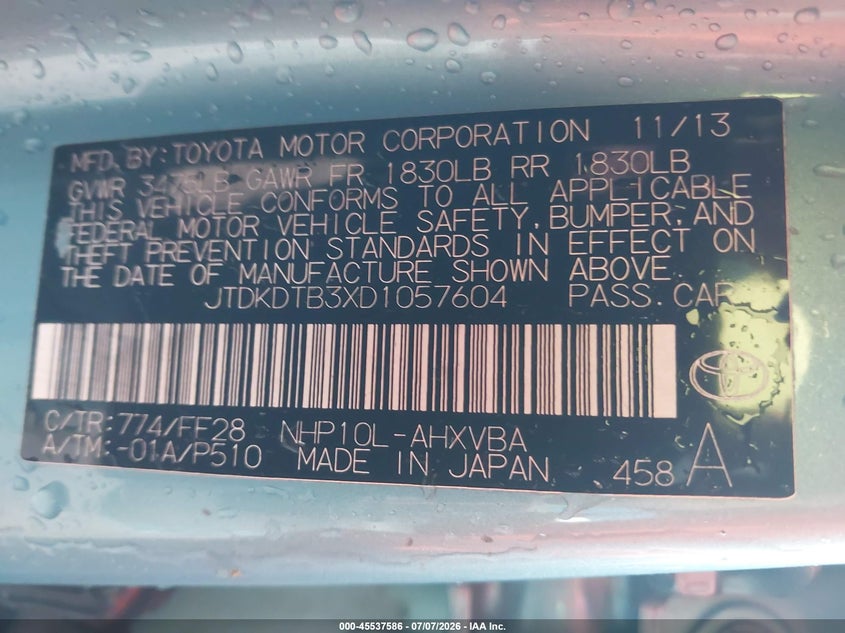 2013 Toyota Prius c VIN JTDKDTB3XD1057604 IAAI salvage auction — FRONT END, Clear (Massachusetts), sold $500 on 2026-07-17 (photo 9)