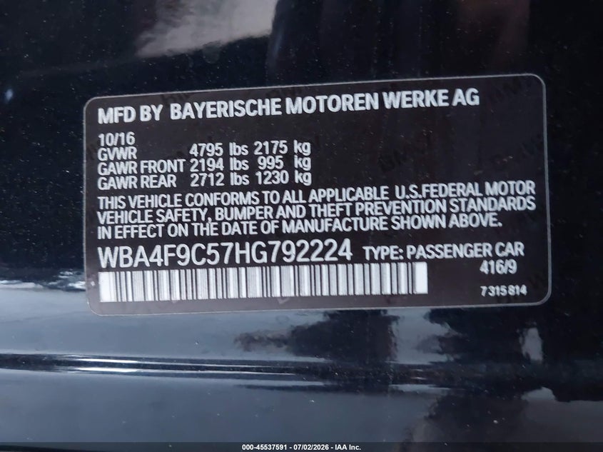 2017 BMW 4er VIN WBA4F9C57HG792224 IAAI salvage auction — SIDE, Salvage Title, sold $5,500 on 2026-08-02 (photo 9)