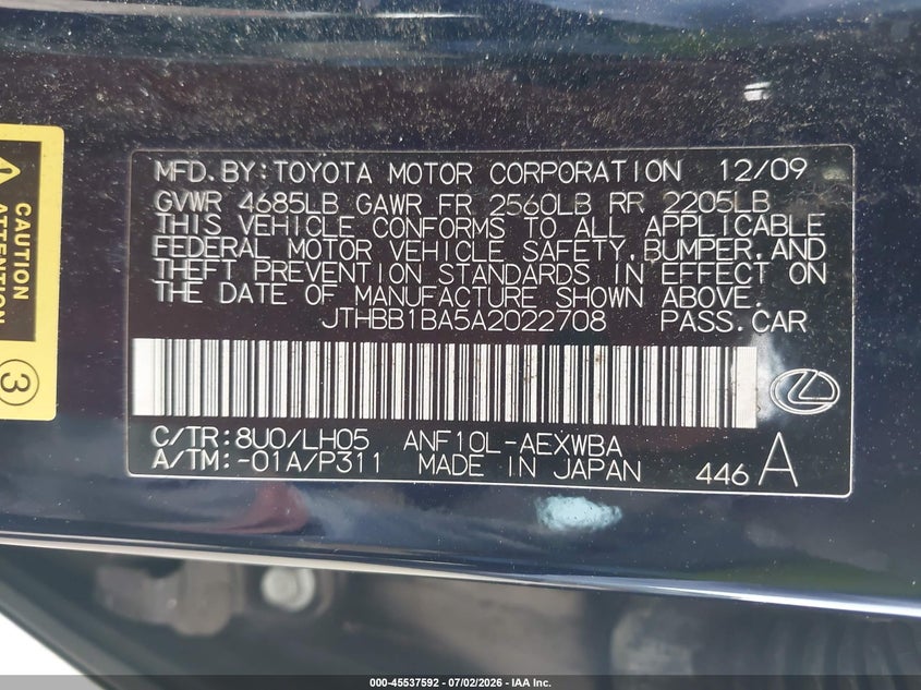 2010 Lexus Hs 250h VIN JTHBB1BA5A2022708 IAAI salvage auction — NORMAL WEAR, Clear (Alabama), sold $2,075 on 2026-07-22 (photo 9)