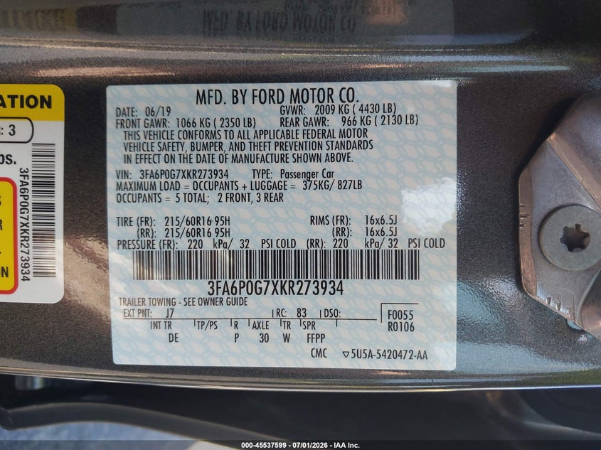2019 Ford Fusion VIN 3FA6P0G7XKR273934 IAAI salvage auction — NORMAL WEAR, SF97 (Virginia), sold $11,975 on 2026-07-22 (photo 9)