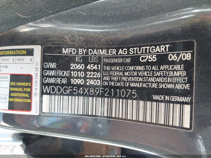 2009 Mercedes-benz C class VIN WDDGF54X89F211075 IAAI salvage auction — NORMAL WEAR, Original (Texas), sold $375 on 2026-08-04 (photo 9)