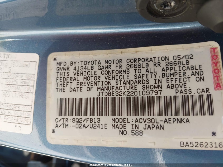 2002 Toyota Camry VIN JTDBE32K220109797 IAAI salvage auction — NORMAL WEAR, Salvage (Florida), sold $25 on 2026-07-30 (photo 9)