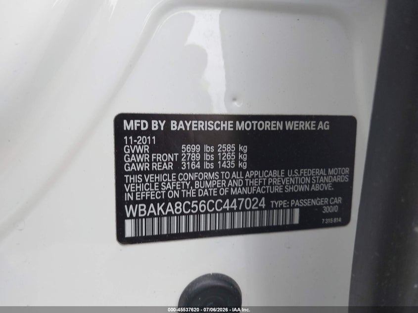 2012 BMW 7er VIN WBAKA8C56CC447024 IAAI salvage auction — REAR END, Mv-907A (New York), sold $1,450 on 2026-07-15 (photo 9)