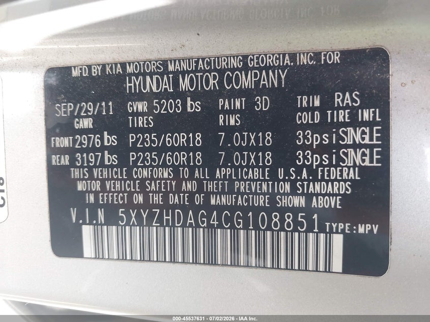 2012 Hyundai Santa fe VIN 5XYZHDAG4CG108851 IAAI salvage auction — FRONT END, Salvage Title, sold $450 on 2026-07-22 (photo 9)