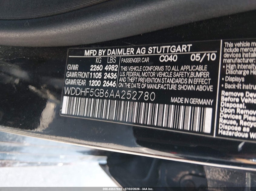 2010 Mercedes-benz E-klasse VIN WDDHF5GB6AA252780 IAAI salvage auction — FRONT END, Salvage (North Carolina), sold $25 on 2026-07-29 (photo 9)