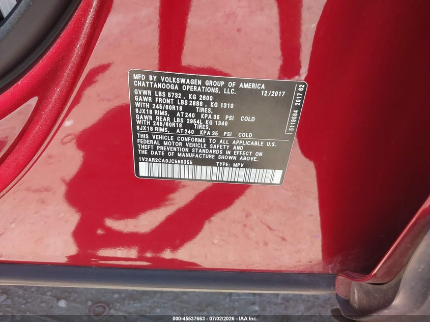 2018 Volkswagen Atlas VIN 1V2AR2CA0JC550355 IAAI salvage auction — REAR END, Salvage (Texas), sold $3,050 on 2026-07-12 (photo 9)