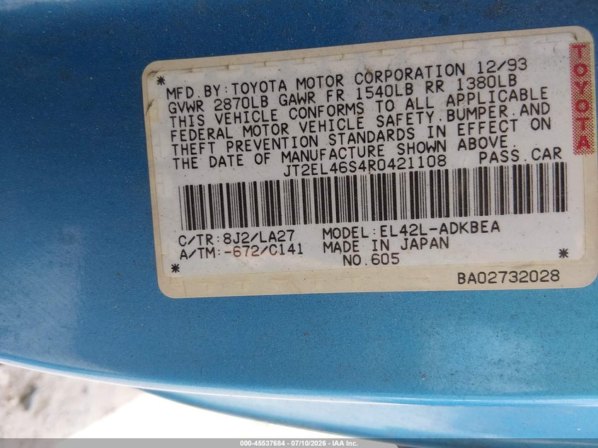 1994 Toyota Tercel VIN JT2EL46S4R0421108 IAAI salvage auction — NORMAL WEAR, Clear (Massachusetts), sold $100 on 2026-07-28 (photo 9)
