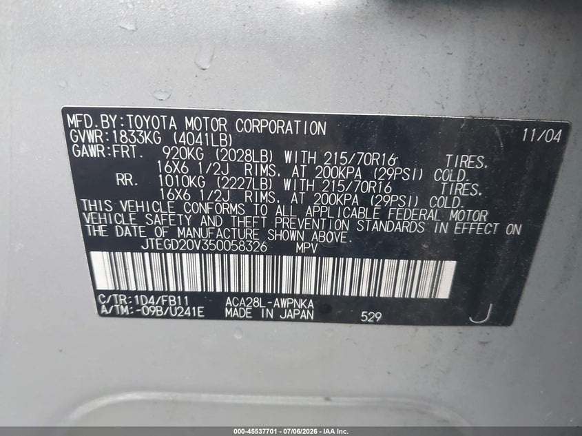 2005 Toyota Rav4 VIN JTEGD20V350058326 IAAI salvage auction — NORMAL WEAR, Clear (New Jersey), sold $875 on 2026-07-09 (photo 9)