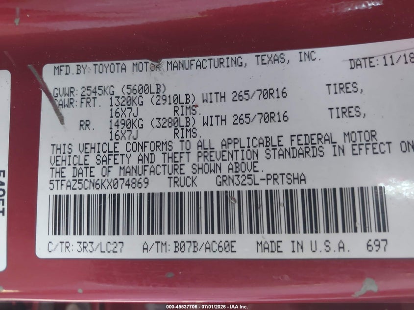 2019 Toyota Tacoma VIN 5TFAZ5CN6KX074869 IAAI salvage auction — FRONT END, Salvage (Nevada), sold $10,100 on 2026-07-15 (photo 9)