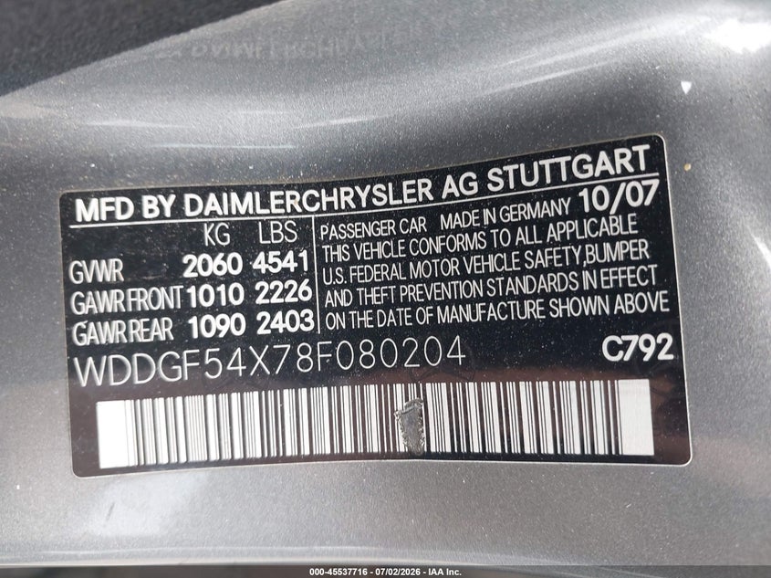 2008 Mercedes-benz C class VIN WDDGF54X78F080204 IAAI salvage auction — NORMAL WEAR, Clear - Dealer Only (California), sold $775 on 2026-07-28 (photo 9)