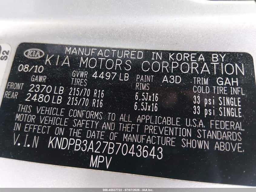 2011 Kia Sportage VIN KNDPB3A27B7043643 IAAI salvage auction — FRONT END, Clear (Virginia), sold $2,050 on 2026-07-19 (photo 9)