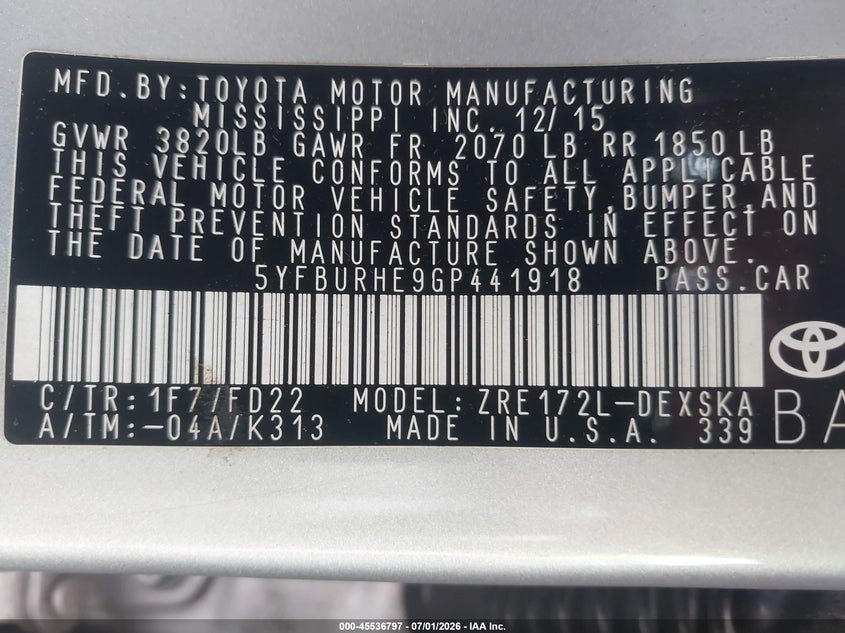 2016 Toyota Corolla VIN 5YFBURHE9GP441918 IAAI salvage auction — LEFT REAR, Salvage (California), sold $4,350 on 2026-07-29 (photo 9)