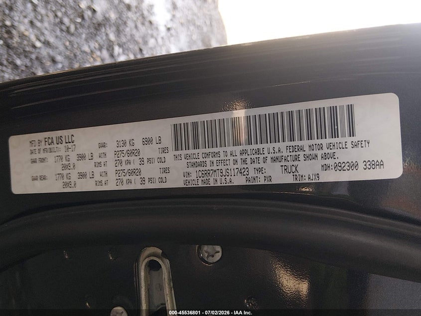 2018 Ram 1500 VIN 1C6RR7MT9JS117423 IAAI salvage auction — FRONT END, Salvage Title, sold $9,600 on 2026-07-26 (photo 9)