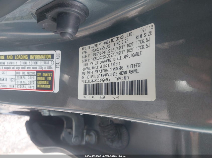 2012 Honda Cr-v VIN JHLRM4H73CC020365 IAAI salvage auction — FRONT END, Salvage (Virginia), sold $6,350 on 2026-07-31 (photo 9)