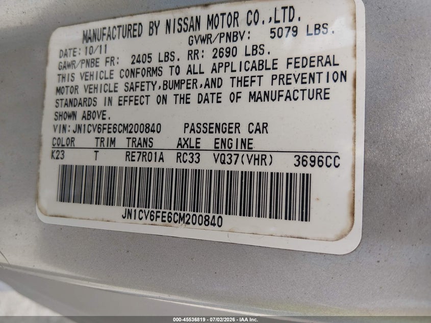 2012 Infiniti G VIN JN1CV6FE6CM200840 IAAI salvage auction — SIDE, Rebuildable (Florida), sold $525 on 2026-07-31 (photo 9)