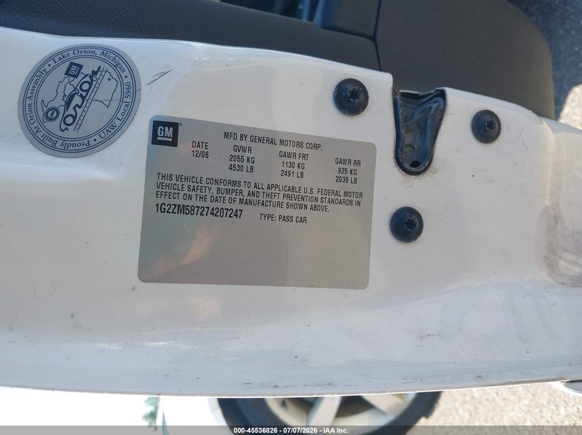 2007 Pontiac G6 VIN 1G2ZM587274207247 IAAI salvage auction — HAIL, Salvage (Iowa), sold $25 on 2026-07-29 (photo 9)
