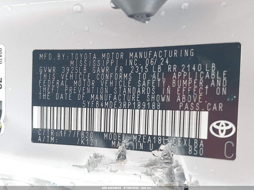 2024 Toyota Corolla VIN 5YFB4MDE3RP189188 IAAI salvage auction — SIDE, Certificate Of Destruction (Florida), sold $2,025 on 2026-07-16 (photo 9)