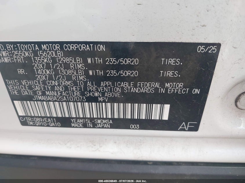 2025 Subaru Solterra VIN JTMABABA2SA107073 IAAI salvage auction — HAIL, Salvage (Ohio), sold $12,000 on 2026-08-23 (photo 9)