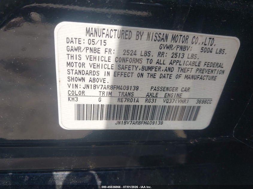 2015 Infiniti Q50 VIN JN1BV7AR8FM409139 IAAI salvage auction — NORMAL WEAR, Clear (Georgia), sold $1,025 on 2026-07-29 (photo 9)