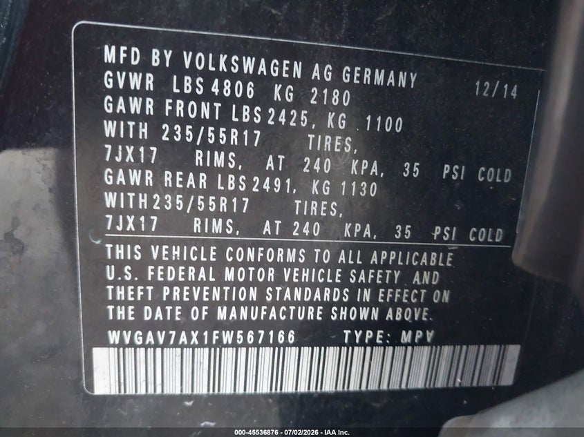 2015 Volkswagen Tiguan VIN WVGAV7AX1FW567166 IAAI salvage auction — FRONT END, Salvage (Alabama), sold $1,550 on 2026-08-03 (photo 9)