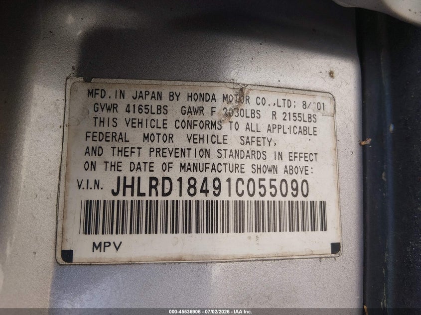 2001 Honda Cr-v VIN JHLRD18491C055090 IAAI salvage auction — NORMAL WEAR, Clear (Georgia), sold $1,250 on 2026-07-09 (photo 9)