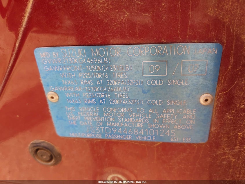 2008 Suzuki Grand vitara VIN JS3TD944684101245 IAAI salvage auction — NORMAL WEAR, Original (Texas), sold $825 on 2026-07-28 (photo 9)