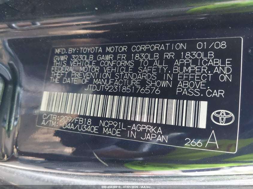 2008 Toyota Yaris VIN JTDJT923185176576 IAAI salvage auction — NORMAL WEAR, Clear (Virginia), sold $350 on 2026-07-30 (photo 9)