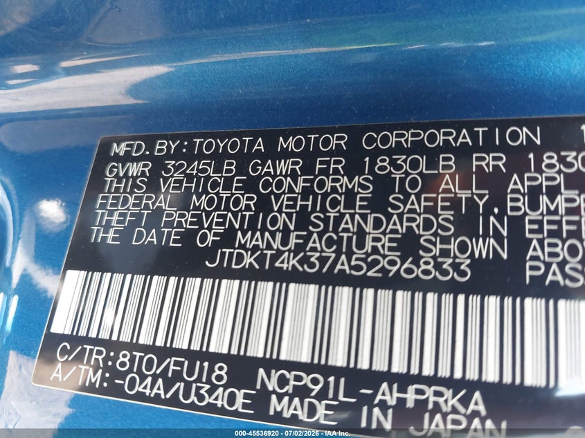 2010 Toyota Yaris VIN JTDKT4K37A5296833 IAAI salvage auction — NORMAL WEAR, Clear (Massachusetts), sold $1,200 on 2026-07-14 (photo 9)