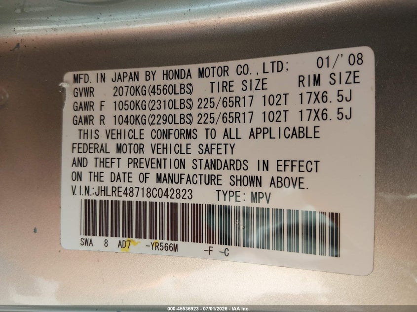 2008 Honda Cr-v VIN JHLRE48718C042823 IAAI salvage auction — NORMAL WEAR, Clear (New Jersey), sold $525 on 2026-07-10 (photo 9)