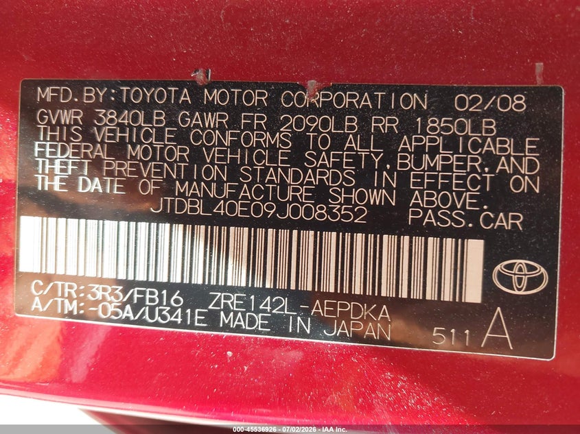2009 Toyota Corolla VIN JTDBL40E09J008352 IAAI salvage auction — FRONT END, Salvage (Pennsylvania), sold $1,600 on 2026-07-19 (photo 9)