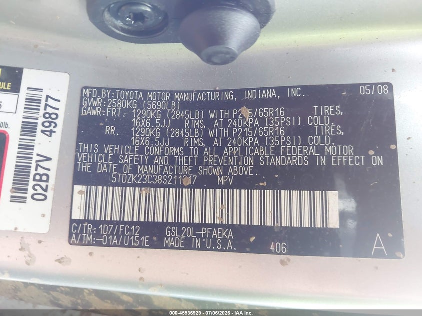 2008 Toyota Sienna VIN 5TDZK23C38S211317 IAAI salvage auction — NORMAL WEAR, Original (Ohio), sold $150 on 2026-07-21 (photo 9)
