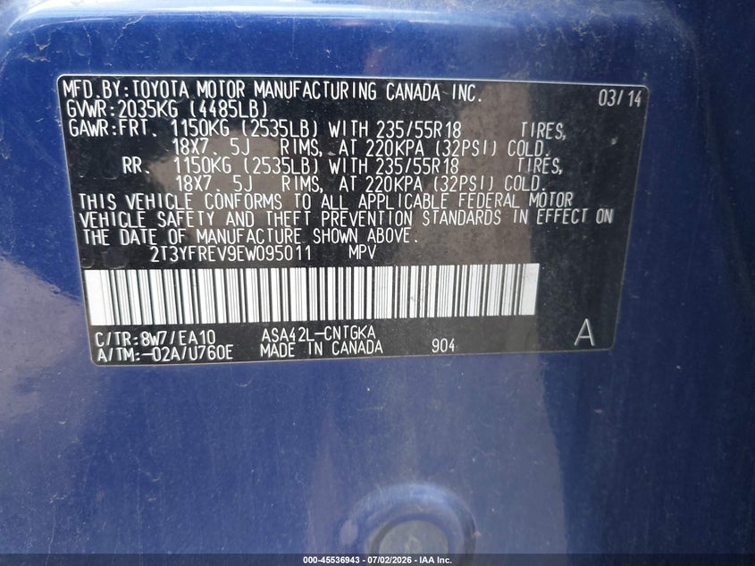 2014 Toyota Rav 4 VIN 2T3YFREV9EW095011 IAAI salvage auction — FRONT END, Salvage (Ohio), sold $3,000 on 2026-07-29 (photo 9)