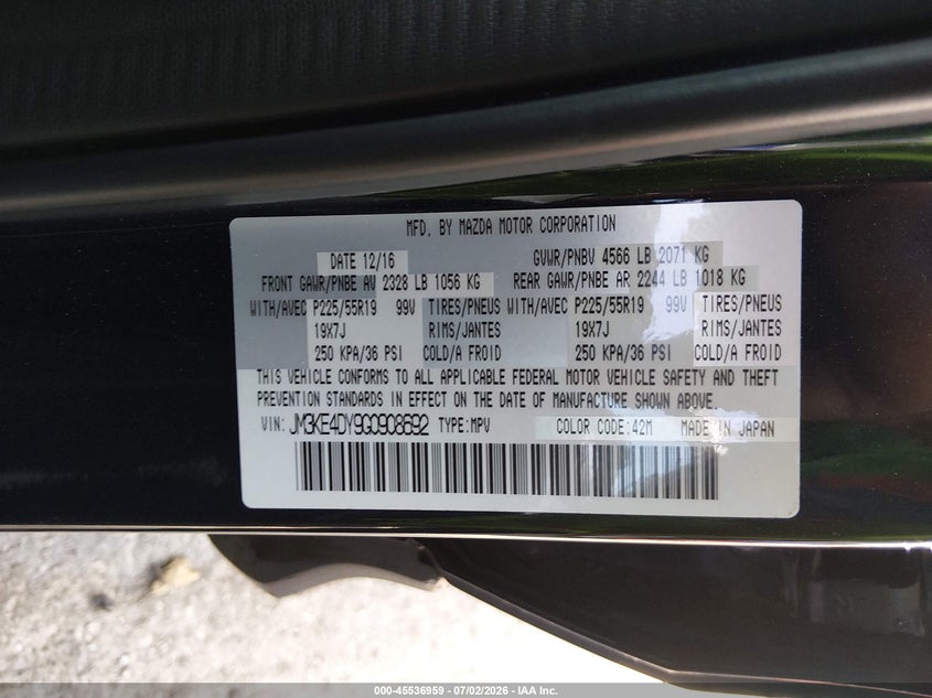 2016 Mazda Cx-5 VIN JM3KE4DY9G0908692 IAAI salvage auction — LEFT SIDE, Salvage - 75% Or Less (Maryland), sold $3,850 on 2026-07-29 (photo 9)