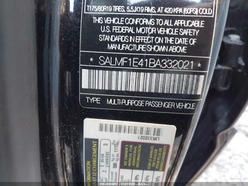 2011 Land rover RANGE ROVER VIN SALMF1E41BA332021 IAAI salvage auction — NORMAL WEAR, Clear (New Jersey), sold $2,200 on 2026-07-08 (photo 9)