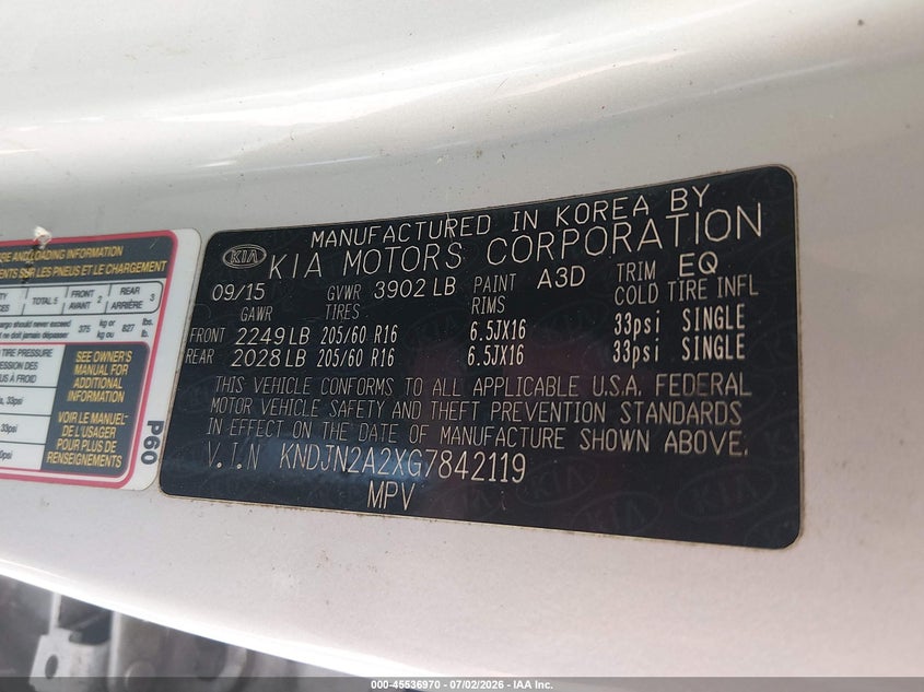 2016 Kia Soul VIN KNDJN2A2XG7842119 IAAI salvage auction — NORMAL WEAR, Clear (Tennessee), sold $500 on 2026-07-30 (photo 9)