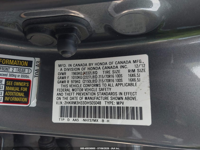 2013 Honda Cr-v VIN 2HKRM3H33DH505048 IAAI salvage auction — FRONT END, Salvage (Georgia), sold $1,650 on 2026-08-20 (photo 9)