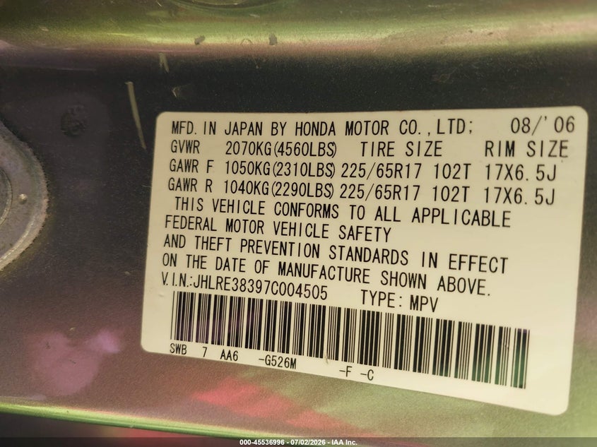2007 Honda Cr-v VIN JHLRE38397C004505 IAAI salvage auction — NORMAL WEAR, Original (Ohio), sold $425 on 2026-07-30 (photo 9)