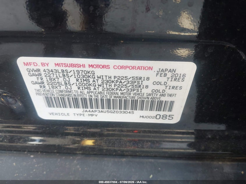 2016 Mitsubishi Outlander VIN JA4AP3AU5GZ033045 IAAI salvage auction — HAIL, Salvage Rebuilt (North Carolina), sold $1,250 on 2026-07-20 (photo 9)